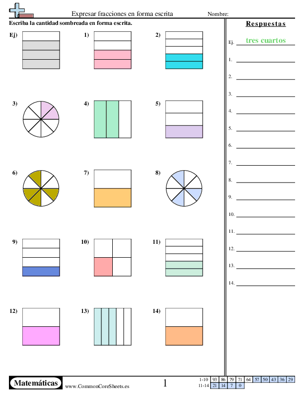 Ejercicos educativos de matemáticas y más. - Expresar fracciones en forma escrita worksheet